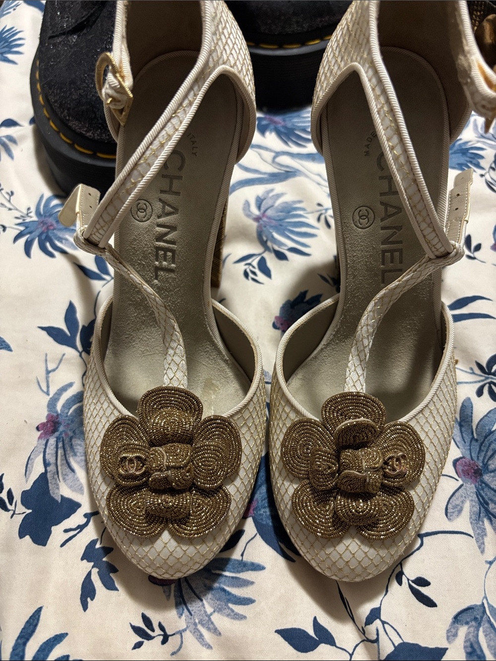 CHANEL Cream and Gold Camellia Ankle-Strap Heels
